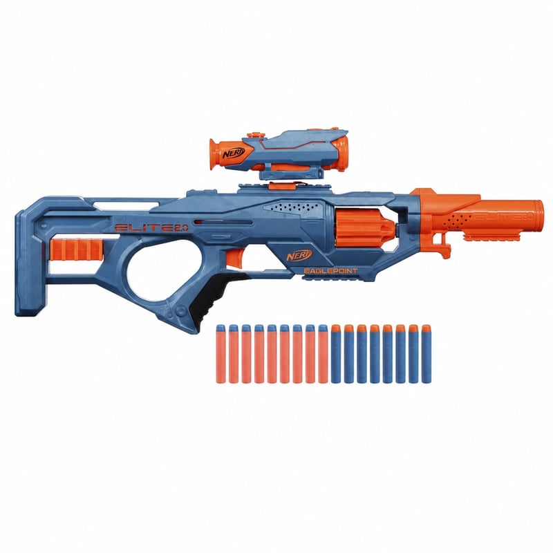 Blaster Nerf Elite 2.0 Eaglepoint RD-8 – cu tambur de 8 proiectile — defect, funcționează parțial: lipsesc mânerul de armare și țeava detașabilă (stare: vezi poza a 2-a)