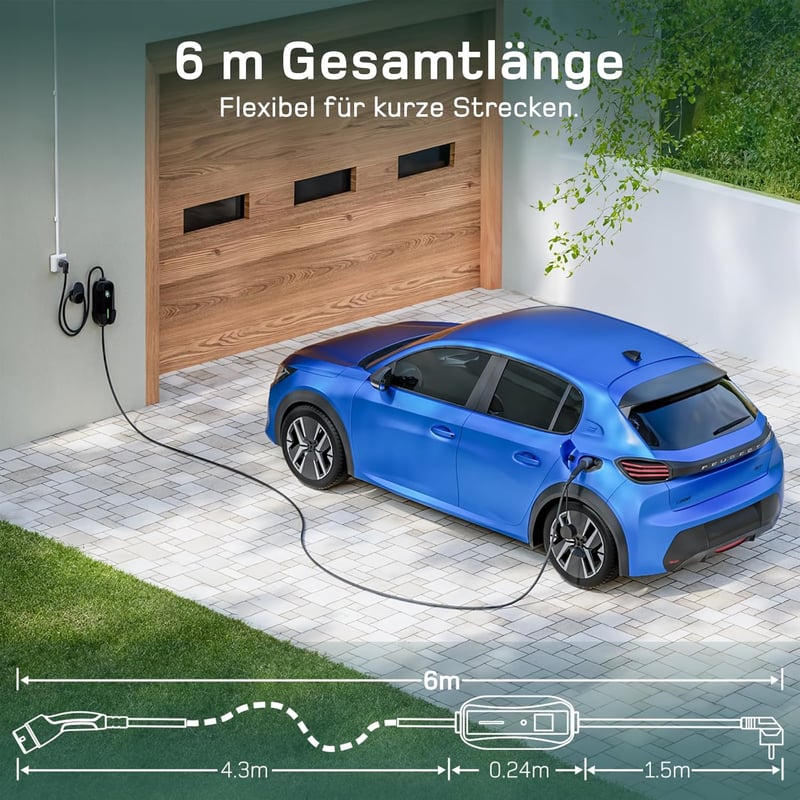 dé Type 2 Elektromos Autó Töltőkábel Schuko 3.68 kW Digitális Kijelzővel, 6m, Hordozható, IP66 Vízálló, Kompatibilis ID.3, ID.4, Model 3, ZO