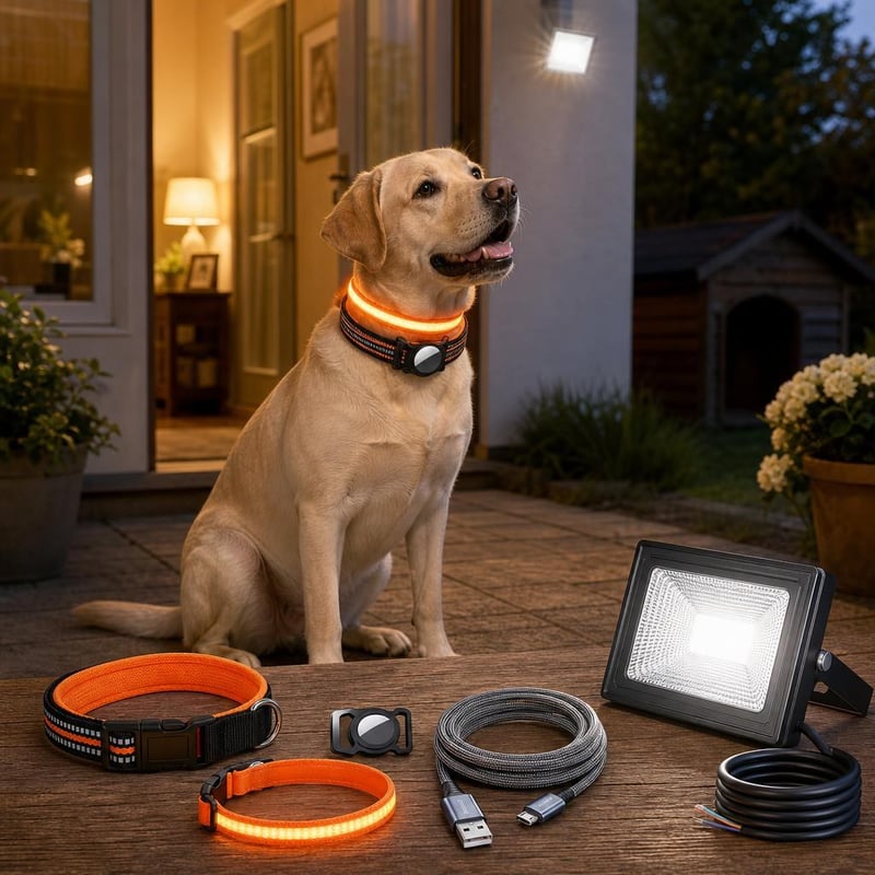Kutyafény mentőcsomag: AirTag nyakörv + USB LED nyakörv + 35 W kültéri reflektor + 9 m Micro USB kábel