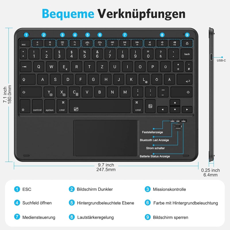 Emetok 7 színű háttérvilágítású német QWERTZ Bluetooth billentyűzet trackpaddal iPad-hez