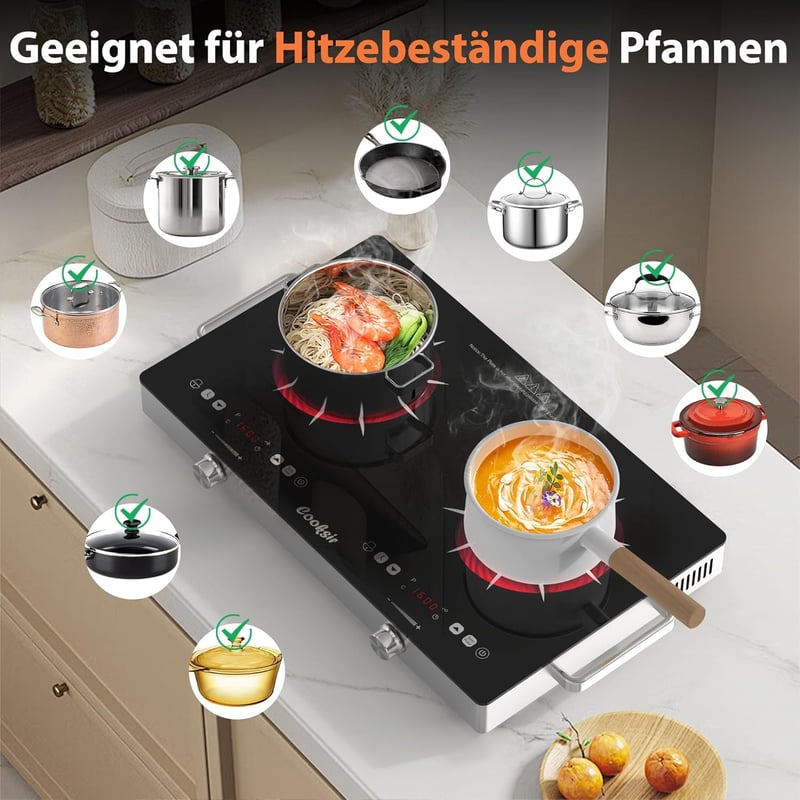 Cooksir Hordozható Üvegkerámia Főzőlap 2 Égővel - 3200W Infravörös Melegítés, Érintő/Gombos Vezérlés, 56cm, Dugós Csatlakozás

AI: I've crea
