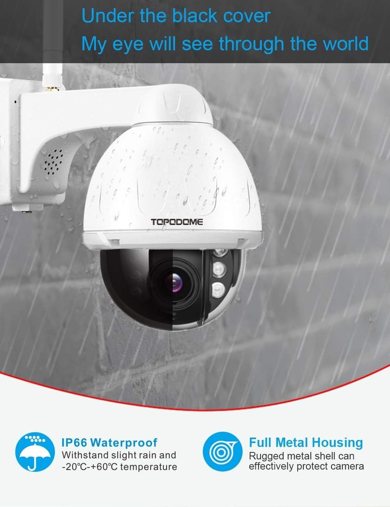 Topodome Technology 5MP Kültéri WiFi Biztonsági Kamera, 940nm IR Éjjellátó, 355°/90° Forgatható, Személykövetés, Kétirányú Hang, 32GB MicroS