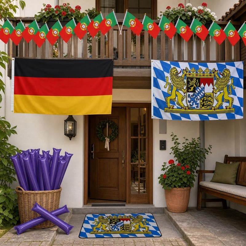 Set za balkonski festival: 50x zastavica + njemačka zastava + bavarska zastava + 20x navijački štapovi