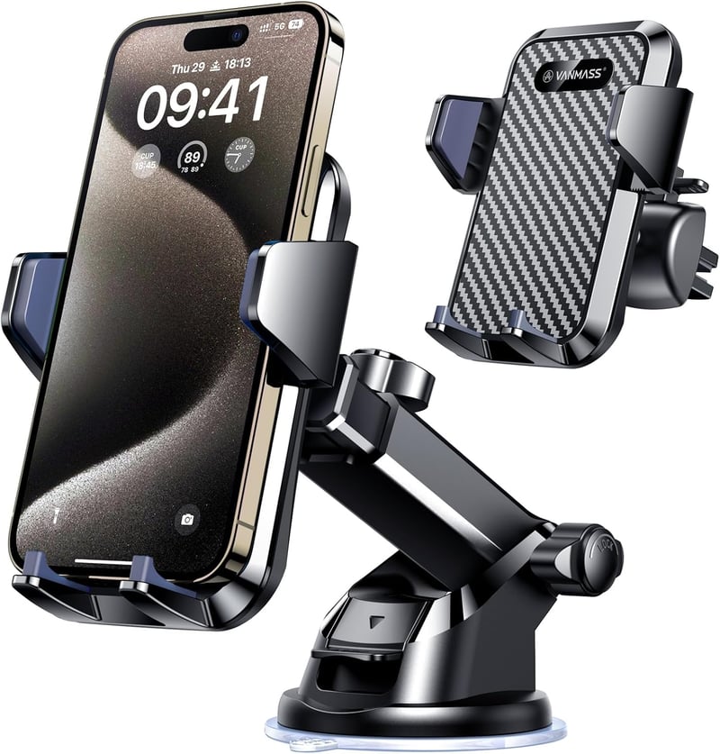 VANMASS Autós Telefontartó, Univerzális Szélvédőre és Szellőzőrácsra, Tapadókorongos, 360° Forgatható, Fekete