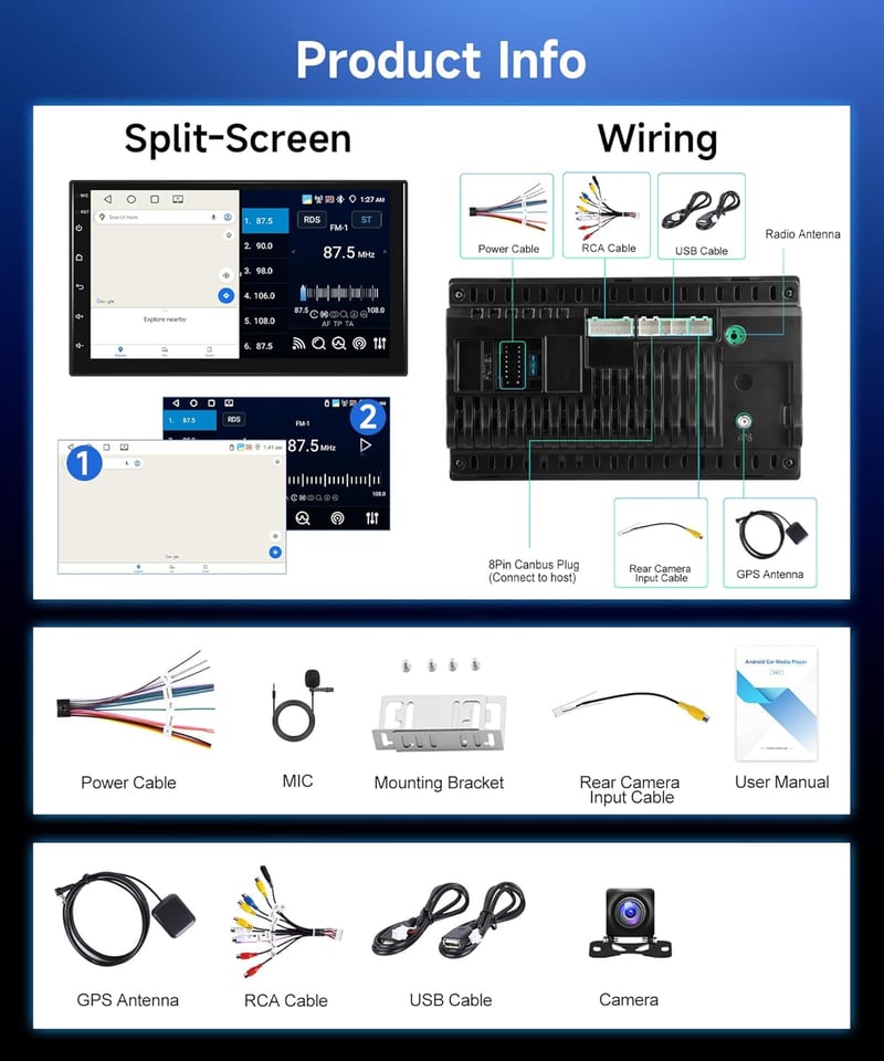 Rimoody 7" 2 DIN Autórádió Android 13 - 4G+64GB Vezeték Nélküli Carplay, GPS Navigáció, WiFi, Érintőképernyő, Bluetooth, Tükrözés, FM/RDS, 3