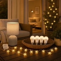 Sada útulného osvetlenia: 6x LED žiarovka E27 + stolná lampa + svetelná reťaz snehové vločky 1