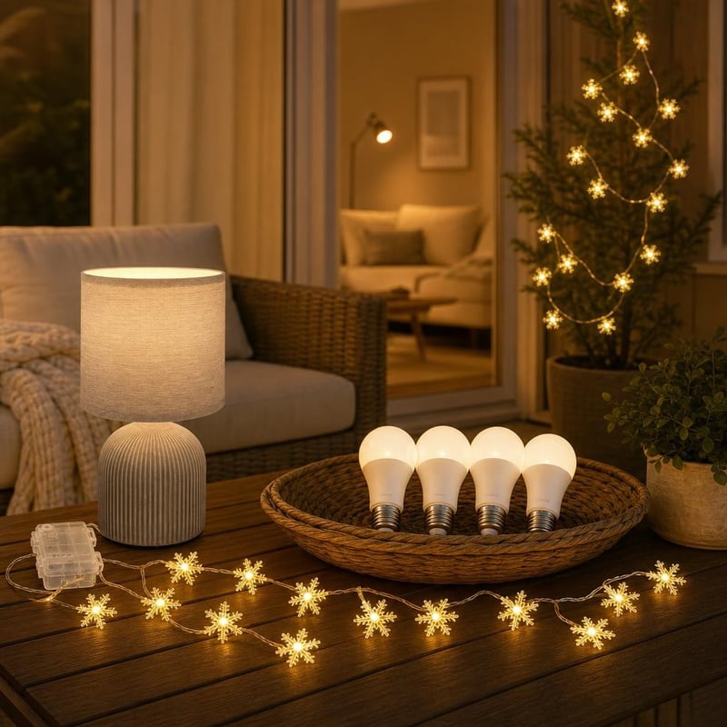 Sada útulného osvetlenia: 6x LED žiarovka E27 + stolná lampa + svetelná reťaz snehové vločky