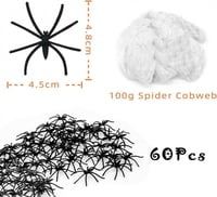 Óriás Halloween Pókháló Szett 100g - 60 Műpókkal, Fekete-Fehér, 27m² 2