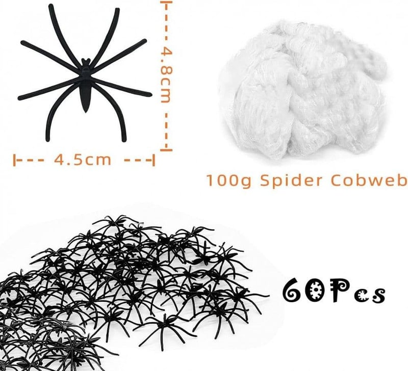 Óriás Halloween Pókháló Szett 100g - 60 Műpókkal, Fekete-Fehér, 27m²