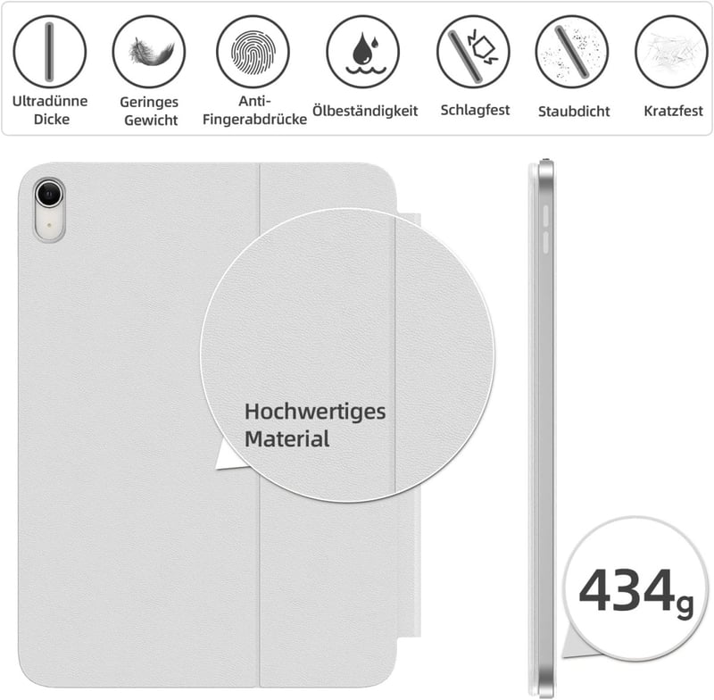 HOU Slim Bluetooth Billentyűzetes Tok iPad 11. és 10. Generációhoz - Fehér QWERTZ Műbőr Védőtok Ergonomikus Szöggel, Mágneses Rögzítéssel