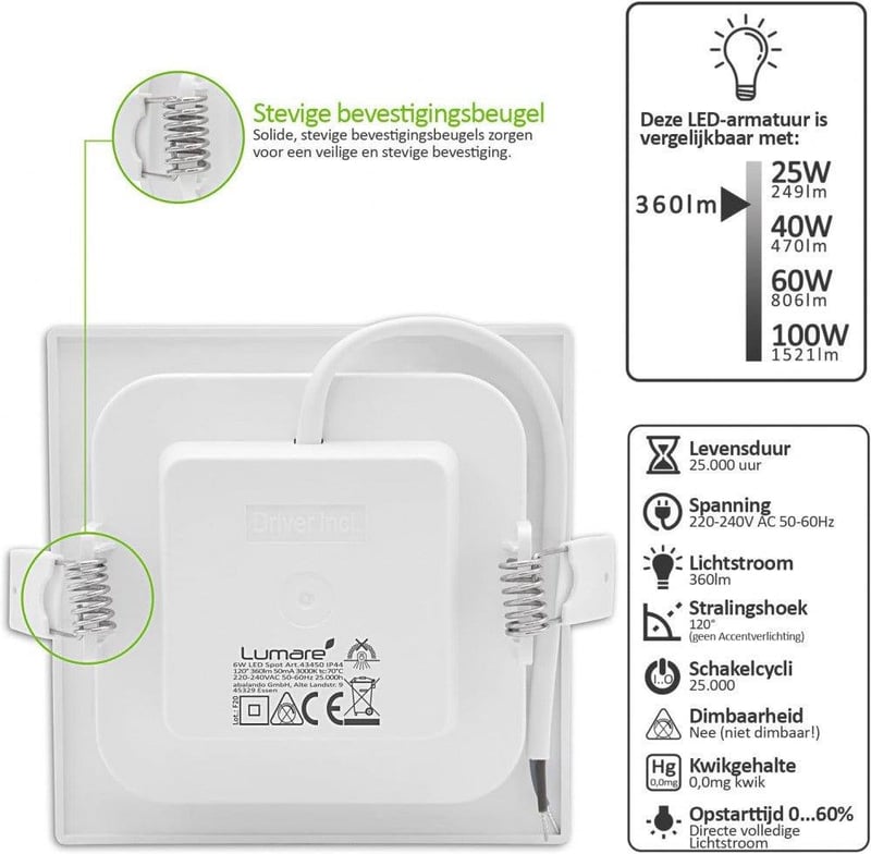 Négyszögletes LED spot 6W, meleg fehér, IP44, extra lapos, újracsomagolt