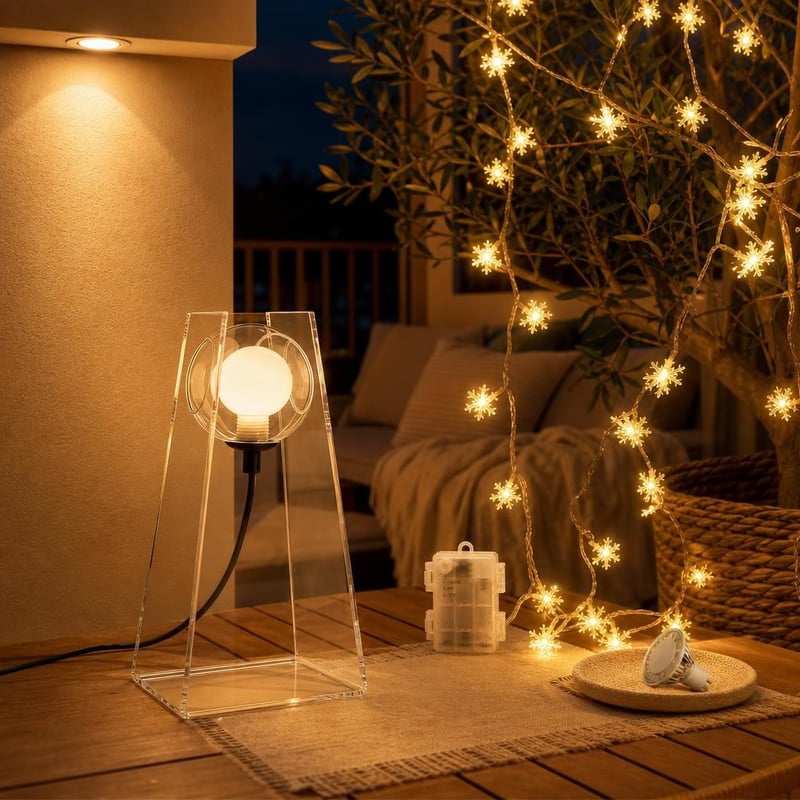 Melegfény oázis: 10 db LED izzó + 6 m elemes fényfüzér + dimmelhető üveggömb lámpa