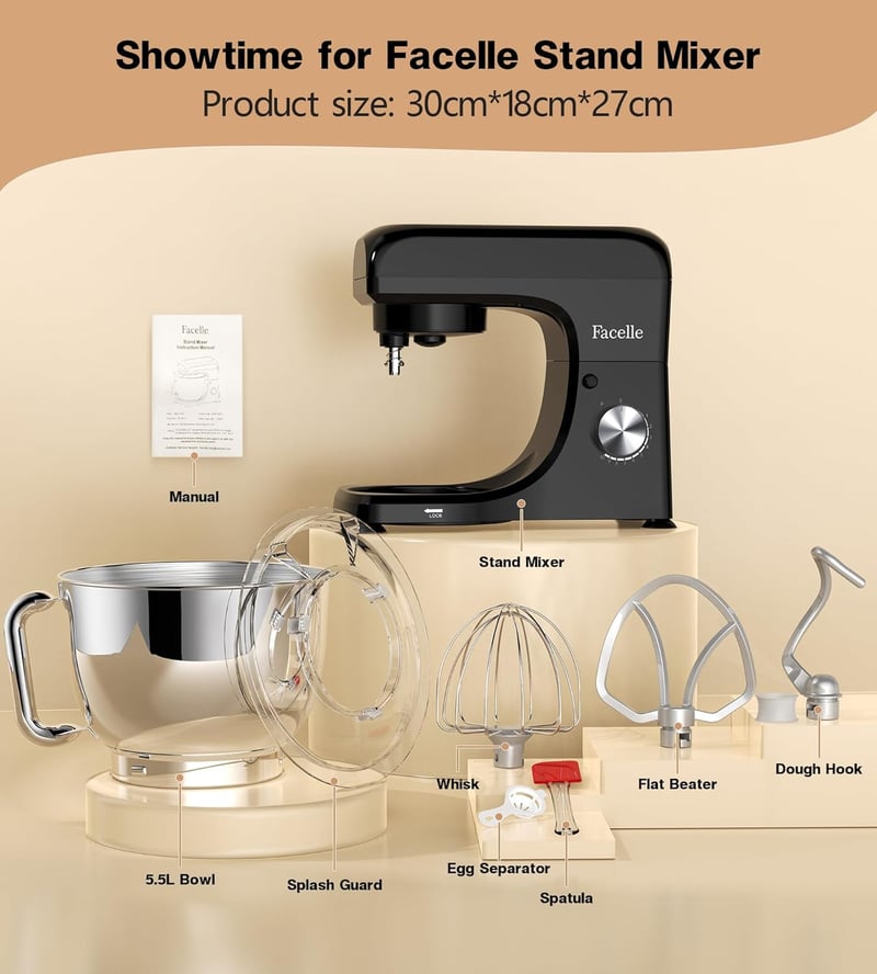 Facelle 1300W Professzionális Robotgép 10 Sebességgel, 5,5L Inox Tállal, Fekete