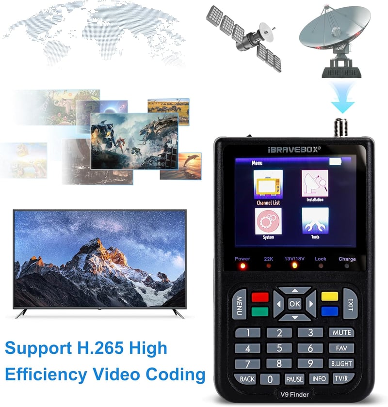 NamYoprce V9 Digitális Műholdkereső 3,5" LCD Kijelzővel - Full HD, H.265 Támogatás, 3000mA Akkumulátor, USB Frissítés, Többnyelvű Menü, Feke