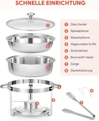 Wilprep 5,5 L Rozsdamentes Acél Ételmelegítő Szett 2 db - Kerek Chafing Dish Üvegfedővel, Ételtároló Edény Éttermeknek, Büféknek, Rendezvény 7