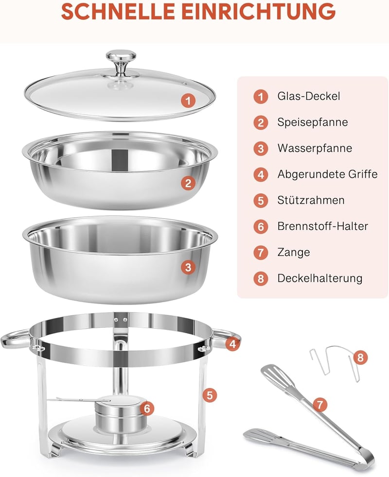 Wilprep 5,5 L Rozsdamentes Acél Ételmelegítő Szett 2 db - Kerek Chafing Dish Üvegfedővel, Ételtároló Edény Éttermeknek, Büféknek, Rendezvény