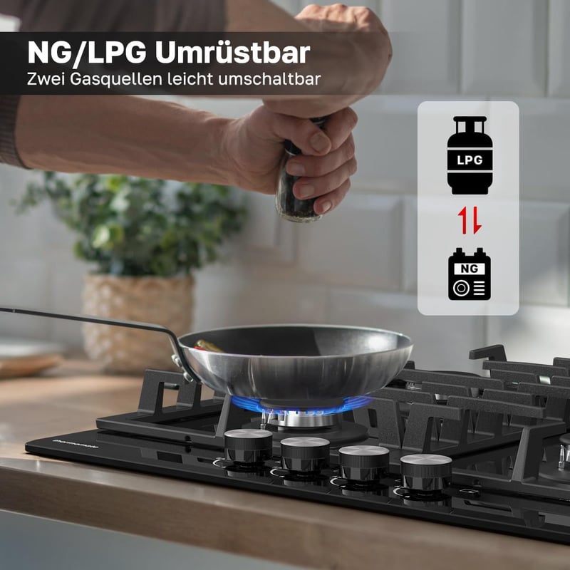 ThermoMate GHBG604 Beépíthető Gáz Főzőlap 4 Égővel - 60 cm Fekete Üveg Felület, Automatikus Hővédelemmel, 8000W, Földgáz/PB Gáz Kompatibilis