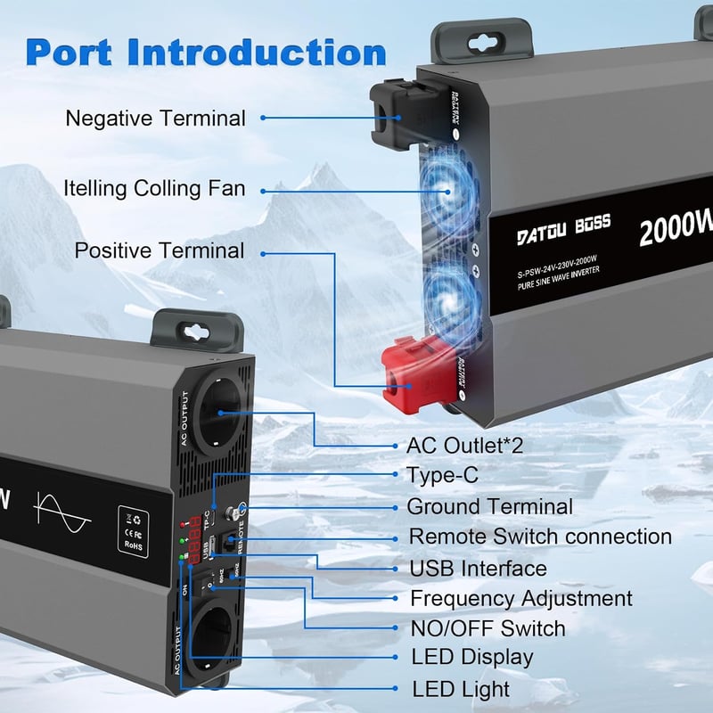DATOUBOSS 2000W Tiszta Szinusz Inverter 24V-230V - LCD Kijelzős Feszültségátalakító USB Csatlakozással Lakóautóhoz, Kempingezéshez, Napeleme