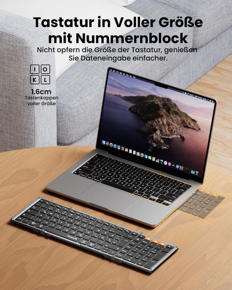 ProtoArc XK01 Plus Bluetooth QWERTZ Összecsukható Billentyűzet Numerikus Résszel - 3 Csatornás Kapcsolat iPad iOS Android Windows Eszközökhö