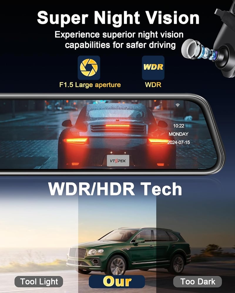 Vtopek 4K Autós Menetrögzítő 12" IPS Érintőképernyővel - Tükör Dashcam WiFi, 64GB, 1080P Tolatókamera, Éjjellátó, G-szenzor