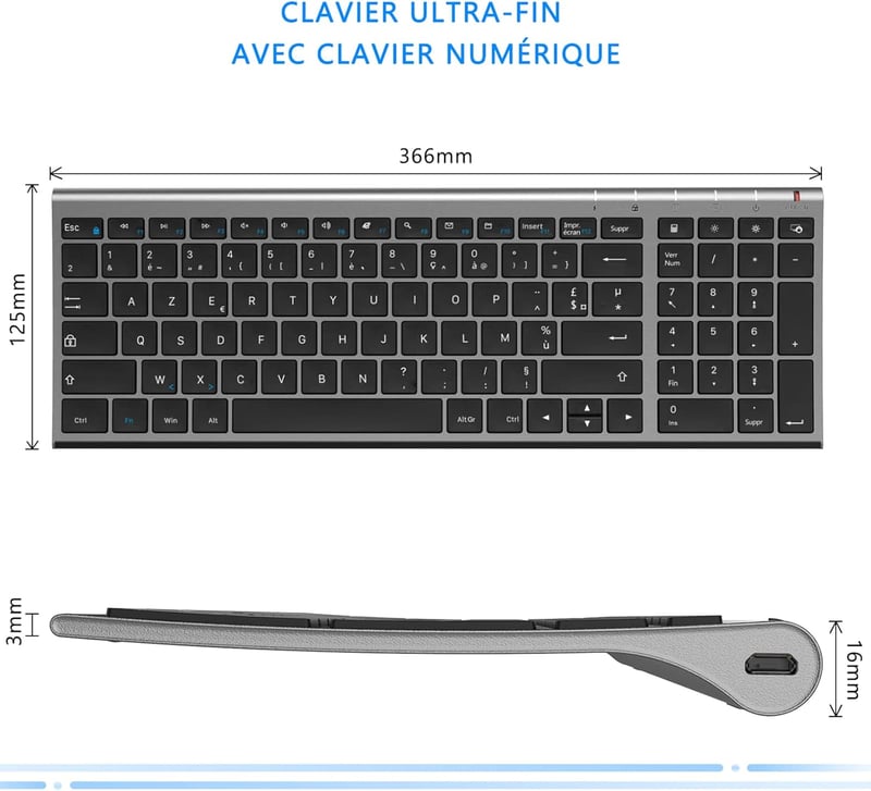 Vezeték nélküli AZERTY billentyűzet és egér szett Windows-hoz, USB vevővel, újratölthető