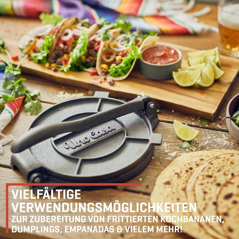 Uno Casa 20 cm-es Mexikói Tortillaprés - Előkezelt Öntöttvas Taco és Quesadilla Készítő 100 db Sütőpapírral
