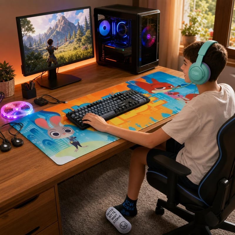 Pachet Gamerstart: 2 perechi șosete + tastatură + mousepad XXL + 2 benzi LED 3m + căști