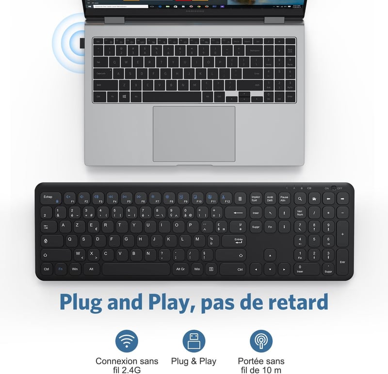 OMOTON vezeték nélküli AZERTY billentyűzet, ultravékony, numerikus blokkal, Windows kompatibilis