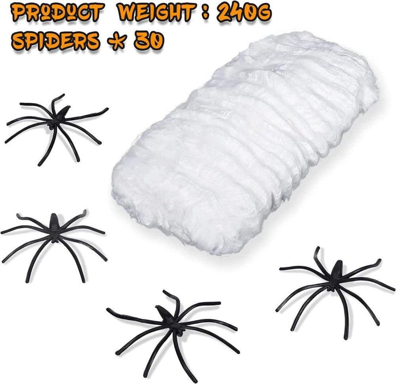 Halloween Szett: Fehér Pókháló 90m² + Műanyag Pókok, Rugalmas Party Dekoráció