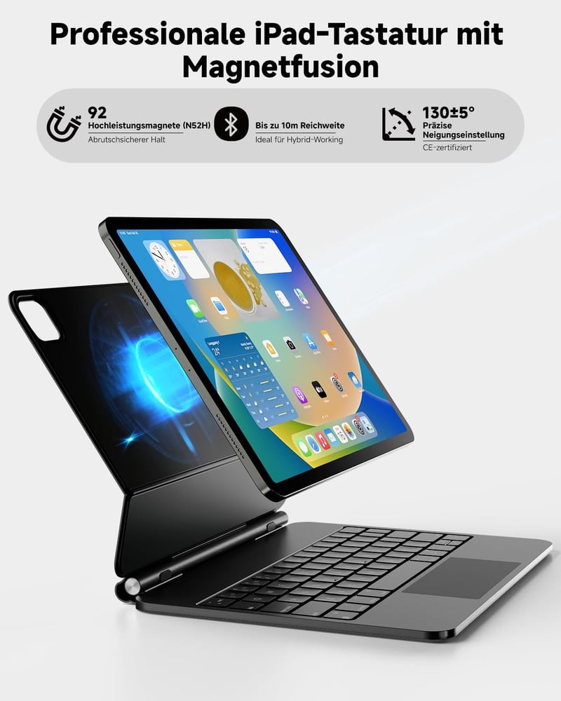 Nuflaz X9 Billentyűzetes Tok iPad Air 13" (2024/2025) & iPad Pro 12.9" (3-6. Gen) - QWERTZ Német Billentyűzet Érintőpaddal, 7 Színű Háttérvi - Black Grey