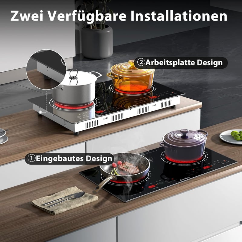 Cooksir 60 cm-es Üvegkerámia Főzőlap 2 Zónával, 3600W, Érintőgombos, Időzítővel, Biztonsági Zárral, Infravörös Fűtéssel, Dugóval, Beépíthető