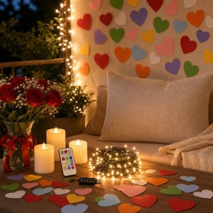 Set decor romantic: 80 inimi + 3 lumânări LED + 10m ghirlandă luminoasă + husă pernă 40x60 cm