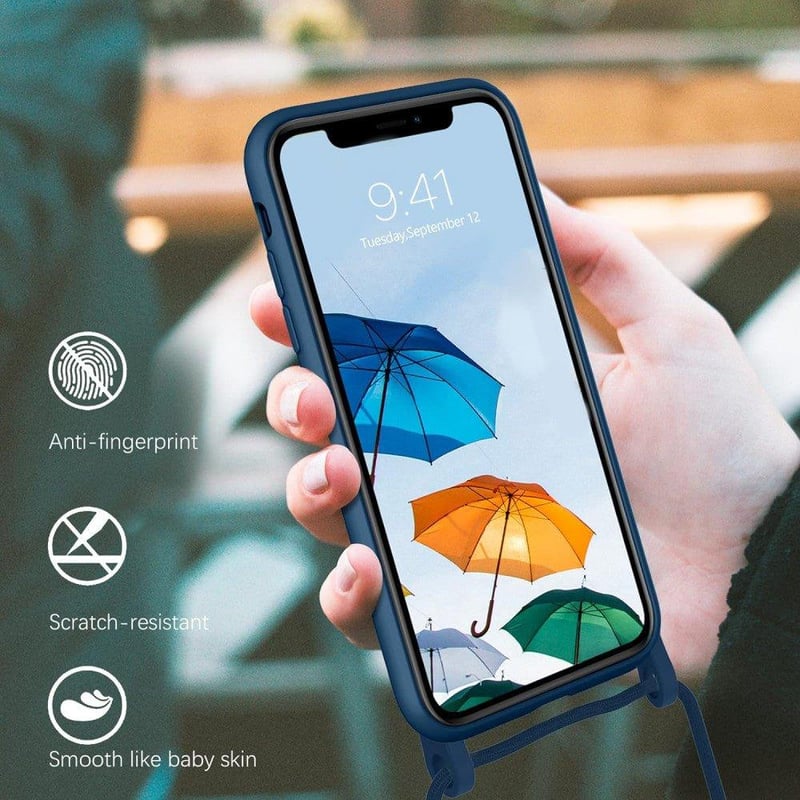 iPhone 11 Sötétkék Szilikon Tok Lánccal, Ütésálló, Mikroszálas Béléssel