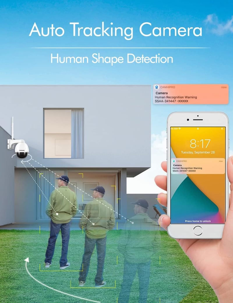 Topodome Technology 5MP Kültéri WiFi Biztonsági Kamera, 940nm IR Éjjellátó, 355°/90° Forgatható, Személykövetés, Kétirányú Hang, 32GB MicroS