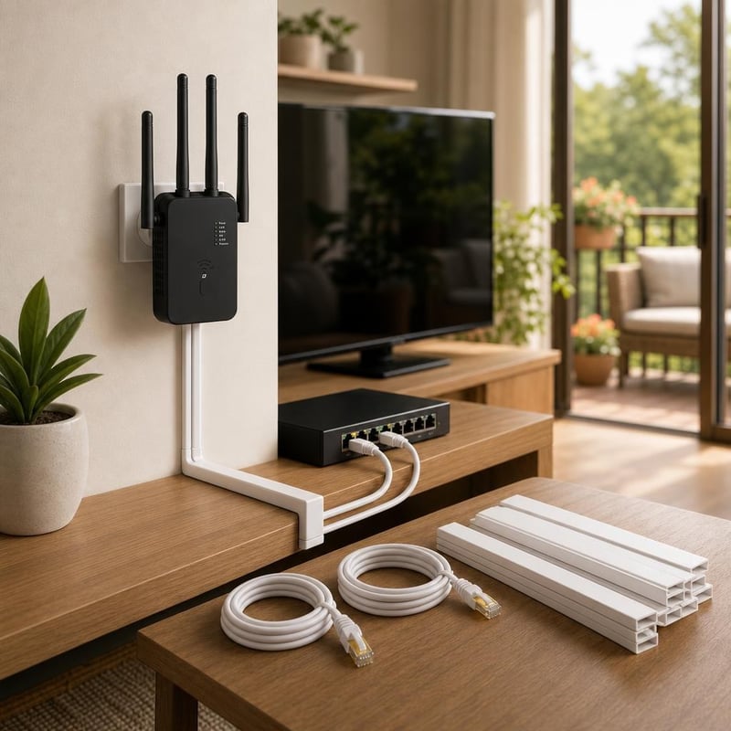 WiFi pojačivač set: 300 Mbps repeater + 2x Cat8 kabel + 10x kanalica