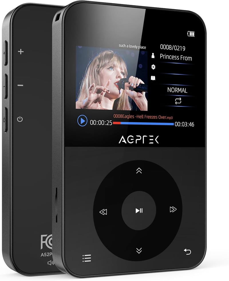 AGPTEK 64GB MP3 Lejátszó Bluetooth 5.3 - 2,3" Színes Kijelzővel, Fejhallgatóval, 128GB Bővíthető, FM Rádió, Lépésszámláló, 750mAh, Fekete