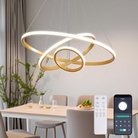 KAUCQI 180 cm LED Függőlámpa 3 Arany Gyűrűvel - Távirányítós, Dimmelhető, Állítható Magasságú Modern Csillár Étkezőbe, Nappaliba, Konyhába 1