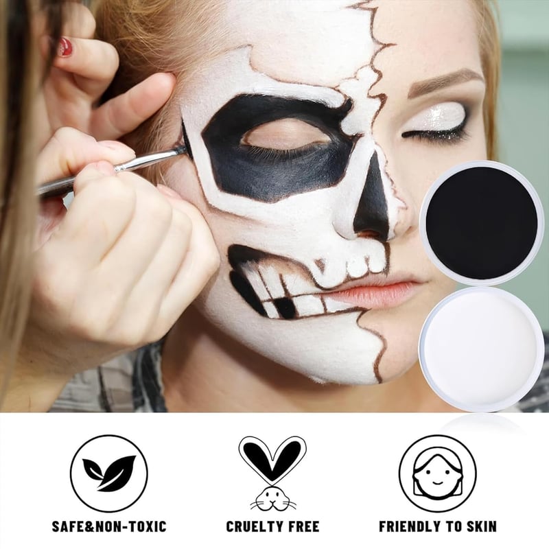 Sunshine smile 100g Fekete-Fehér Arcfesték Szett - Krém Állagú Testfesték Ecsetekkel, Halloween, Farsang, Színházi Smink Gyerekeknek és Feln