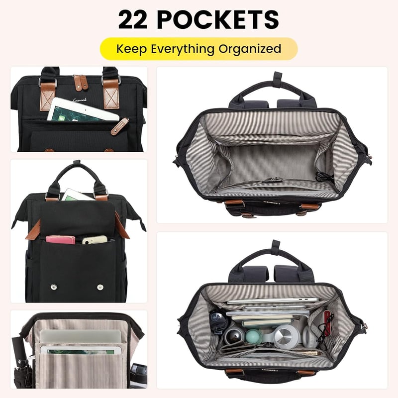 LOVEVOOK Nagy Női Hátizsák 18" Vízálló Utazótáska Laptoptartóval - Fekete Repülőgép Kézipoggyász USB Kábeltartóval Iskolai Egyetemi Üzleti H