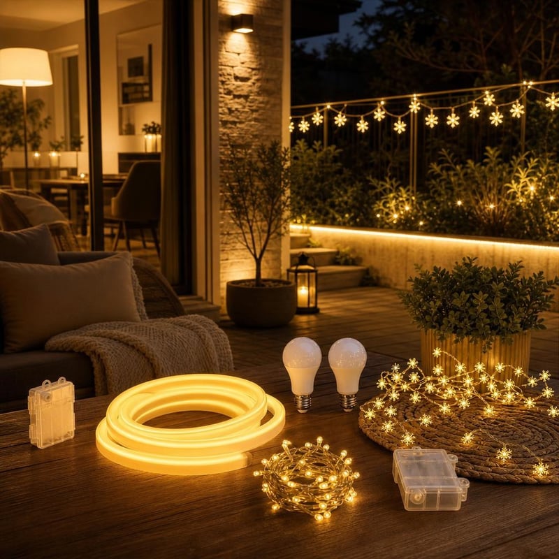 Set Iluminat Ambiental: 1x Ghirlandă LED + 1x Bandă LED + 1x Ghirlandă Fulgi + 2x Becuri E27