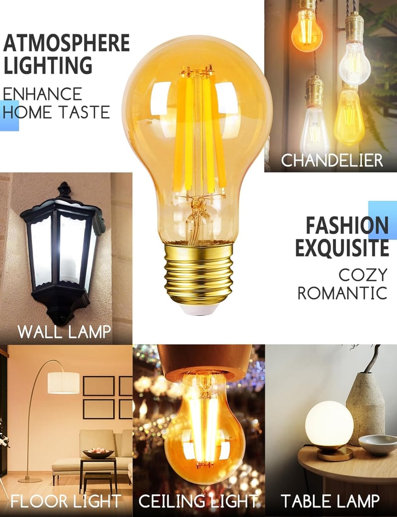 Aigostar Edison okos LED izzó, E27, 6W, vintage filament, Alexa/Google kompatibilis, borostyán, 6 db