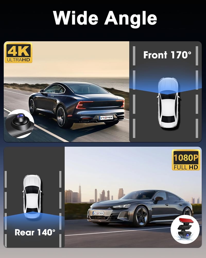 Vtopek 4K Autós Menetrögzítő 12" IPS Érintőképernyővel - Tükör Dashcam WiFi, 64GB, 1080P Tolatókamera, Éjjellátó, G-szenzor