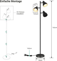 EDISHINE Állólámpa 163 cm - 3 Izzós Fekete Vintage Padlólámpa Forgatható Fejekkel, Egyedi Kapcsolókkal Nappaliba, Hálószobába, Irodába 6