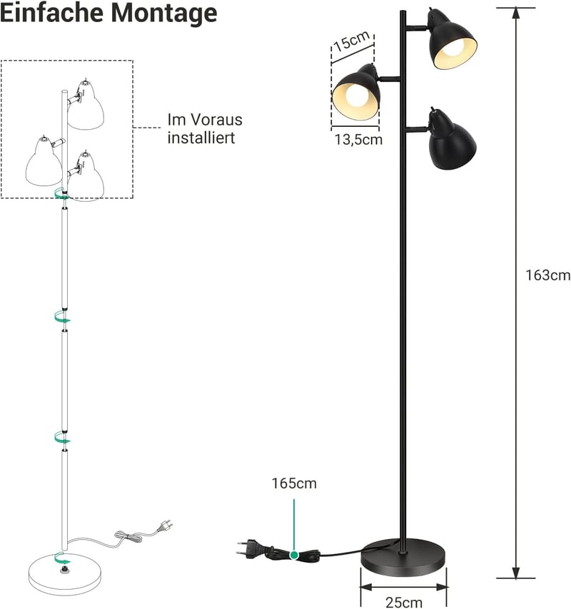 EDISHINE Állólámpa 163 cm - 3 Izzós Fekete Vintage Padlólámpa Forgatható Fejekkel, Egyedi Kapcsolókkal Nappaliba, Hálószobába, Irodába