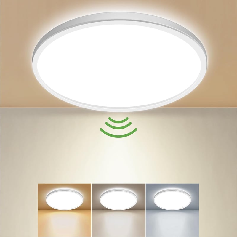 zemty LED Mennyezeti Lámpa Mozgásérzékelővel, 18 cm, 15W, 3 Színhőmérséklet, 1800 Lumen, Lapos Kerek Lámpatest Fürdőszobába, Konyhába, Folyo