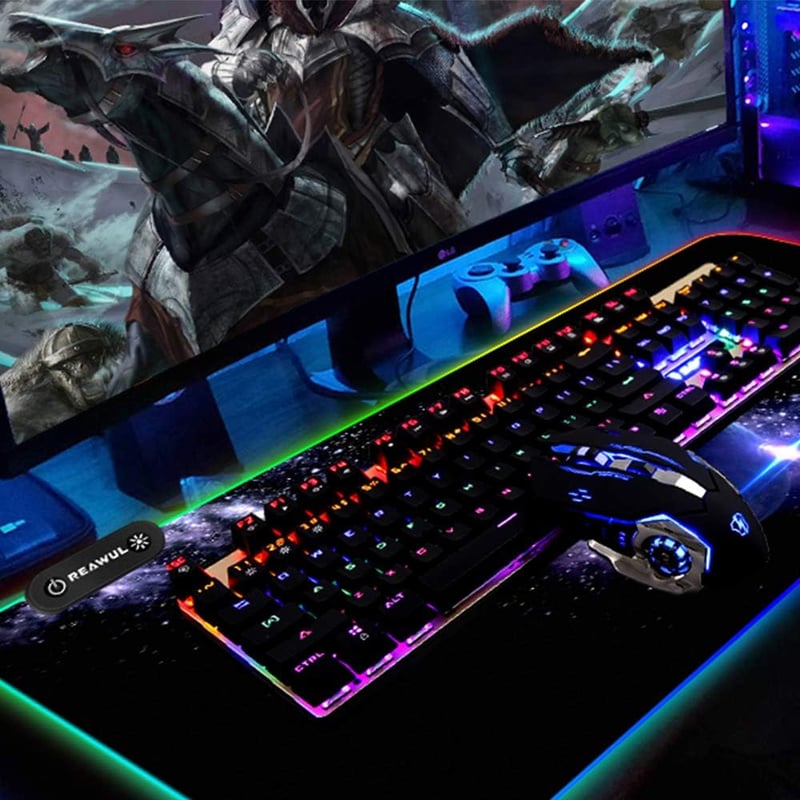 REAWUL RGB Gamer Egérpad XXL - 7 LED Szín, 14 Világítási Mód, Csúszásgátló, Vízálló Felület, 800x300x4mm, Billentyűzethez és Egérhez