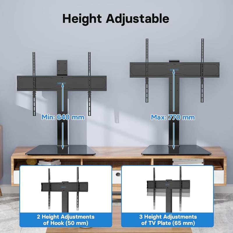 BONTEC Forgatható TV Állvány 42-86 Colos LCD LED OLED Lapos és Ívelt Televíziókhoz - Állítható Magasságú Edzett Üveg Talp, 50 kg Teherbírás,