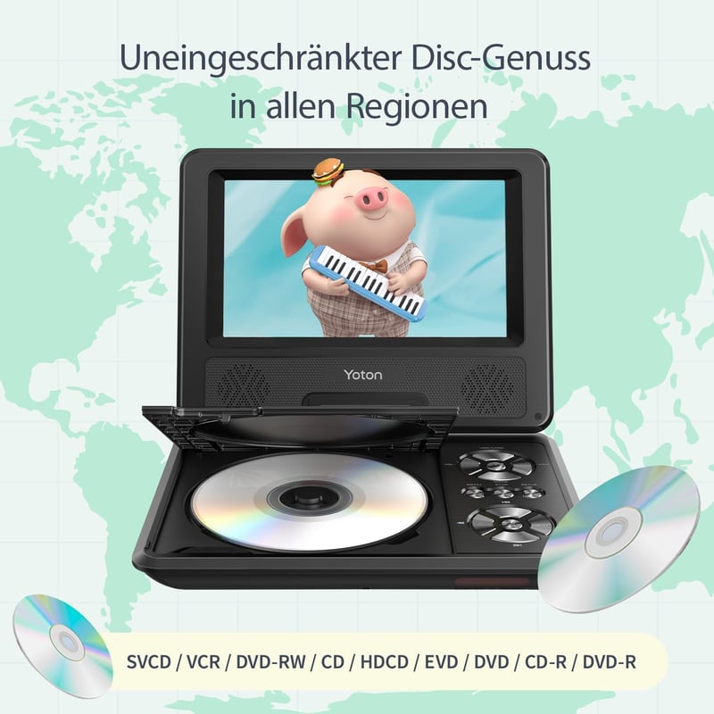 YOTON 9,5" Hordozható DVD Lejátszó Gyerekeknek Autóba, 7,5" HD Forgatható Képernyővel, 6 Órás Akkumulátorral, TV/USB/SD Kártya Támogatással