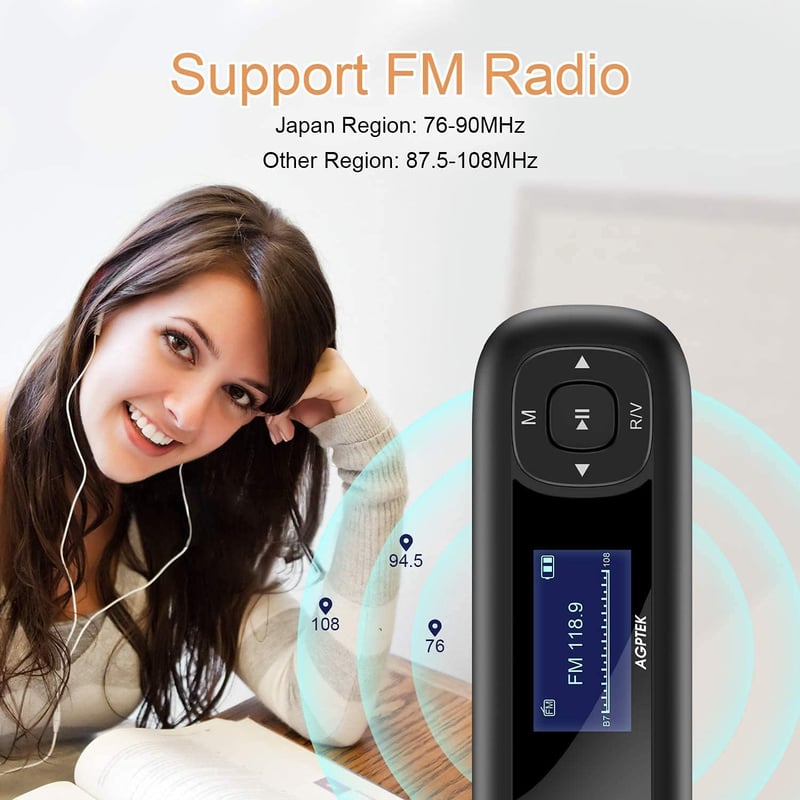 AGPTEK 8GB Mini MP3 Lejátszó FM Rádióval és Hangrögzítővel, Fekete-Piros