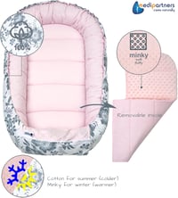 Medi Partners Baba Fészek Szett 100x60 cm - 5 részes, Kivehető Betéttel, Takaróval, Újszülötteknek, 100% Pamut, Bogyó-Rózsaszín Plüss 6